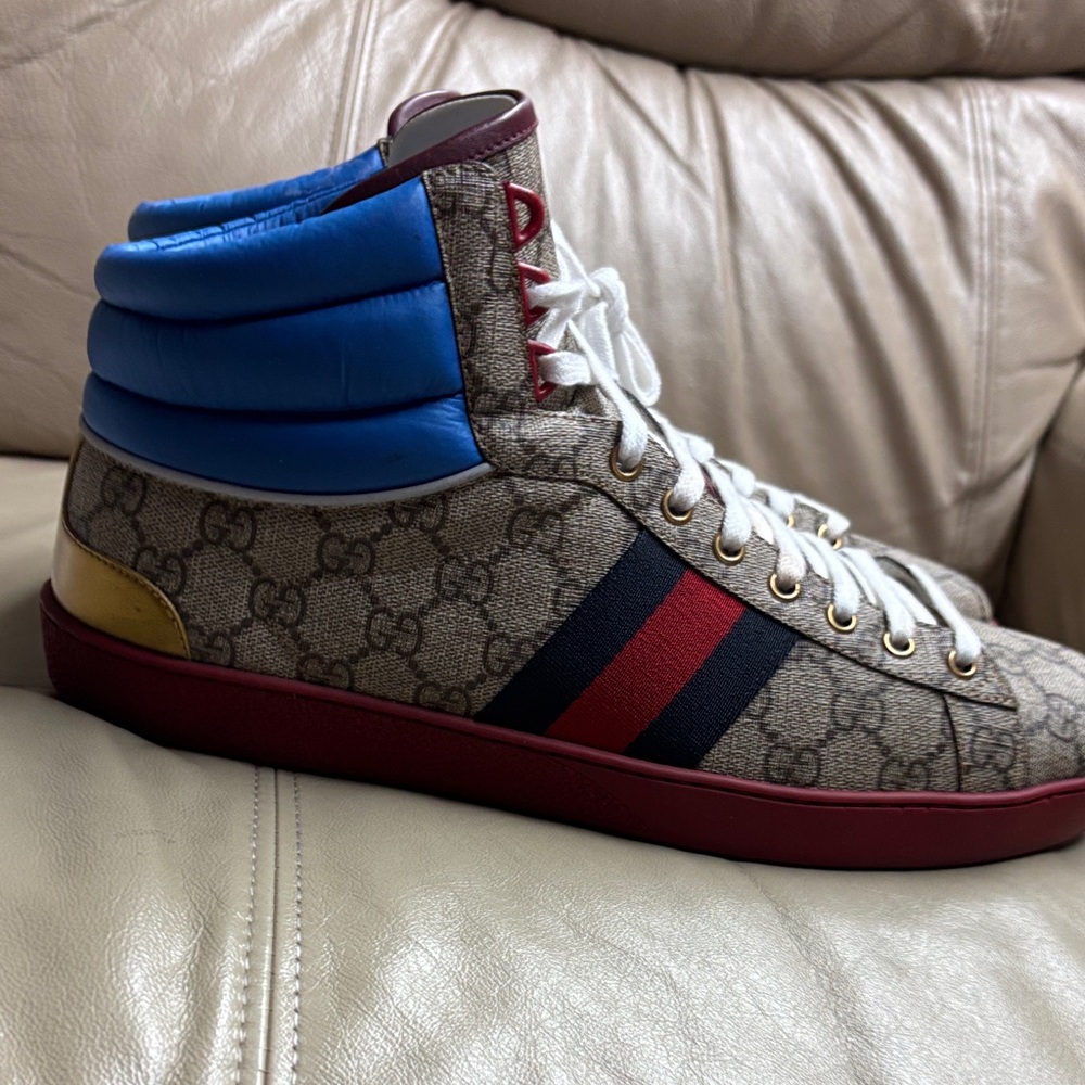Gucci Ace GG High TopMen's Sneakers - Blue/Beige Size 10.5 - Picture 3 of 8